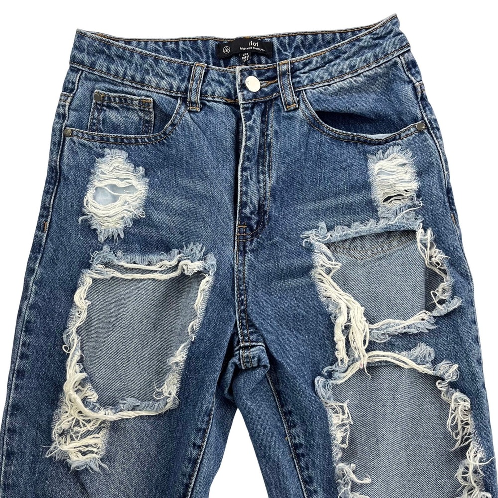 Riot High Rise Womens Distressed Mom Jeans, Riot Heavily Ripped Womens 629 - Picture 2 of 10